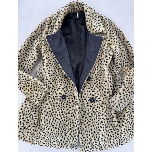 Free People Leopard Animal Print Faux Fur Double Breasted Coat Swing Jacket 6 S - Picture 10 of 14